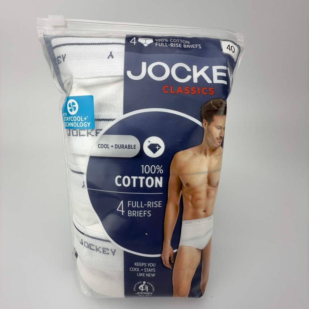Jockey Classics Men 4 Pack Full-Rise Briefs White 100% Cotton Size 40 009965/100